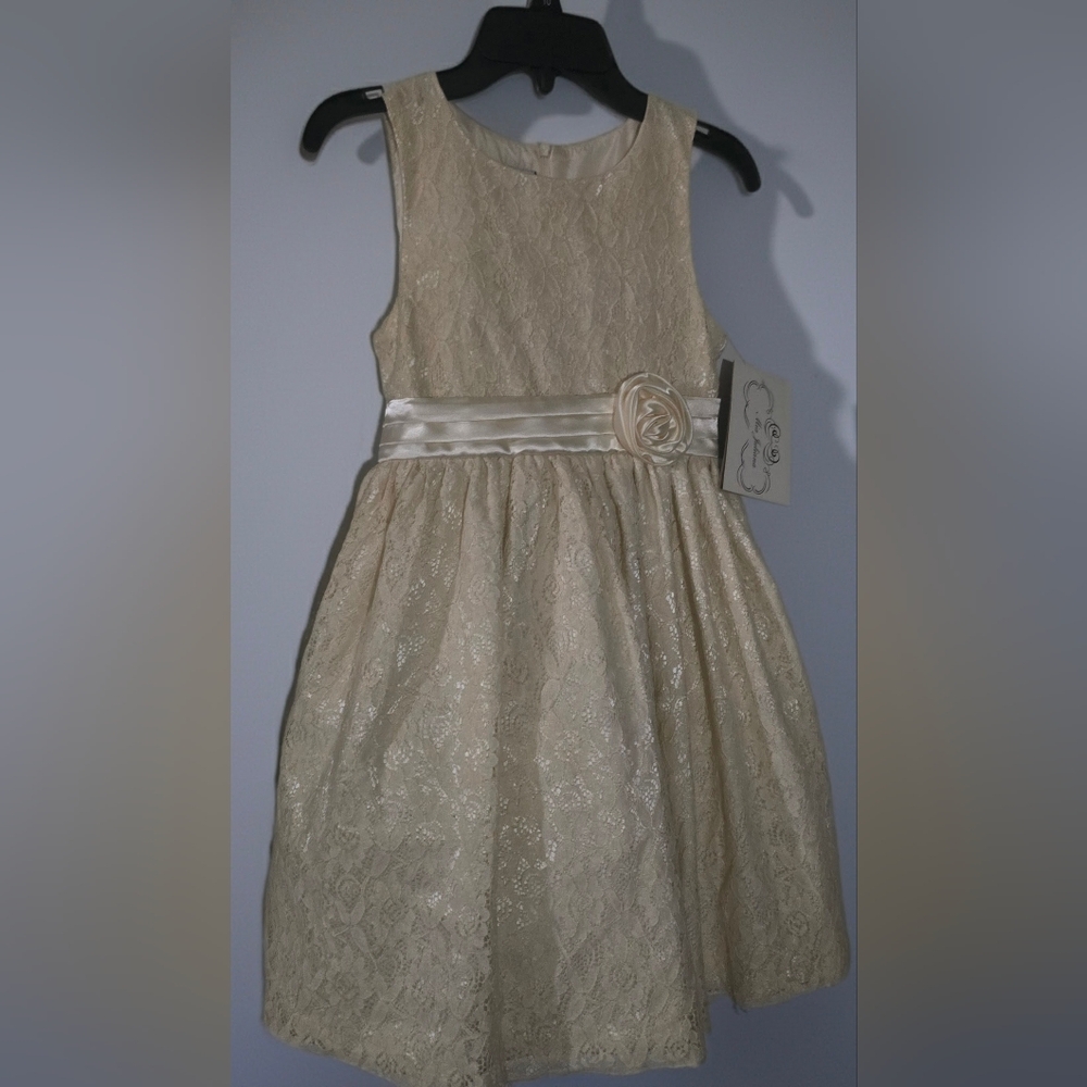 Girls' Cream Lace Party Dress with Satin Sash SIZE 10